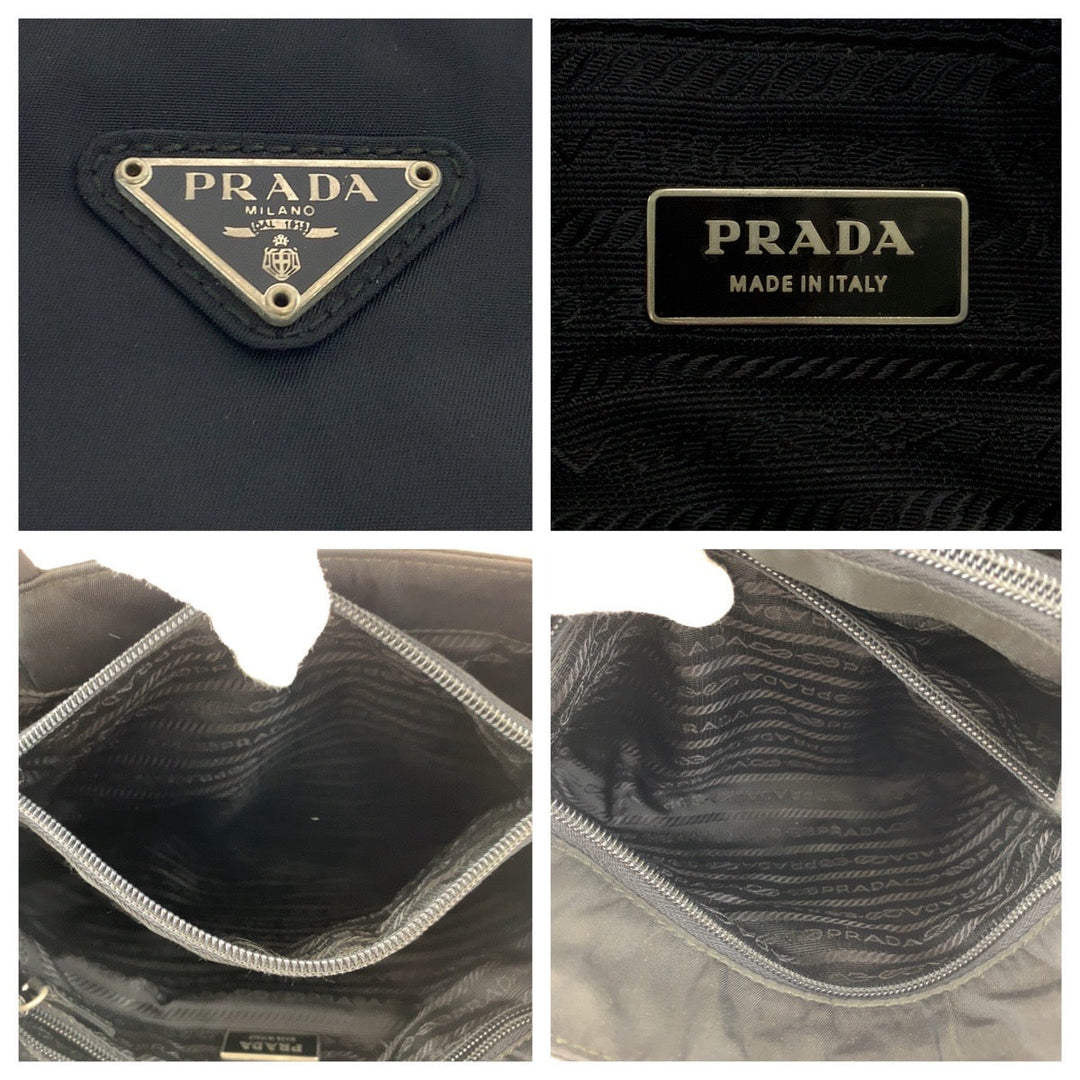 PRADA Tote Bag Nylon Black SilverMetal Tote Bag Shoulder Bag Test Triangle With logo Women Used Authentic