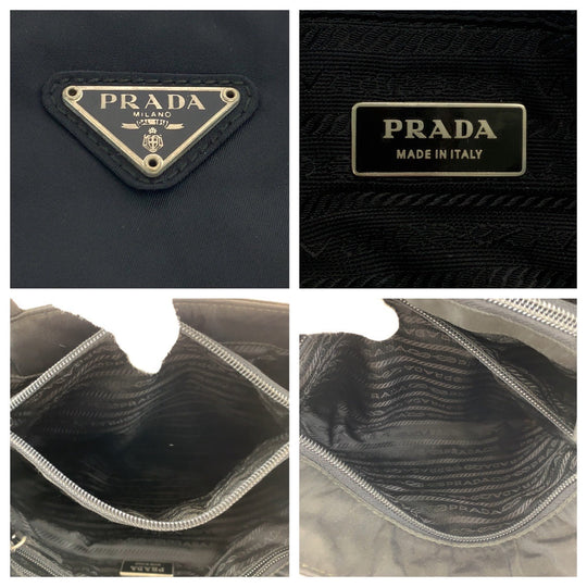 PRADA Tote Bag Nylon Black SilverMetal Tote Bag Shoulder Bag Test Triangle With logo Women Used Authentic