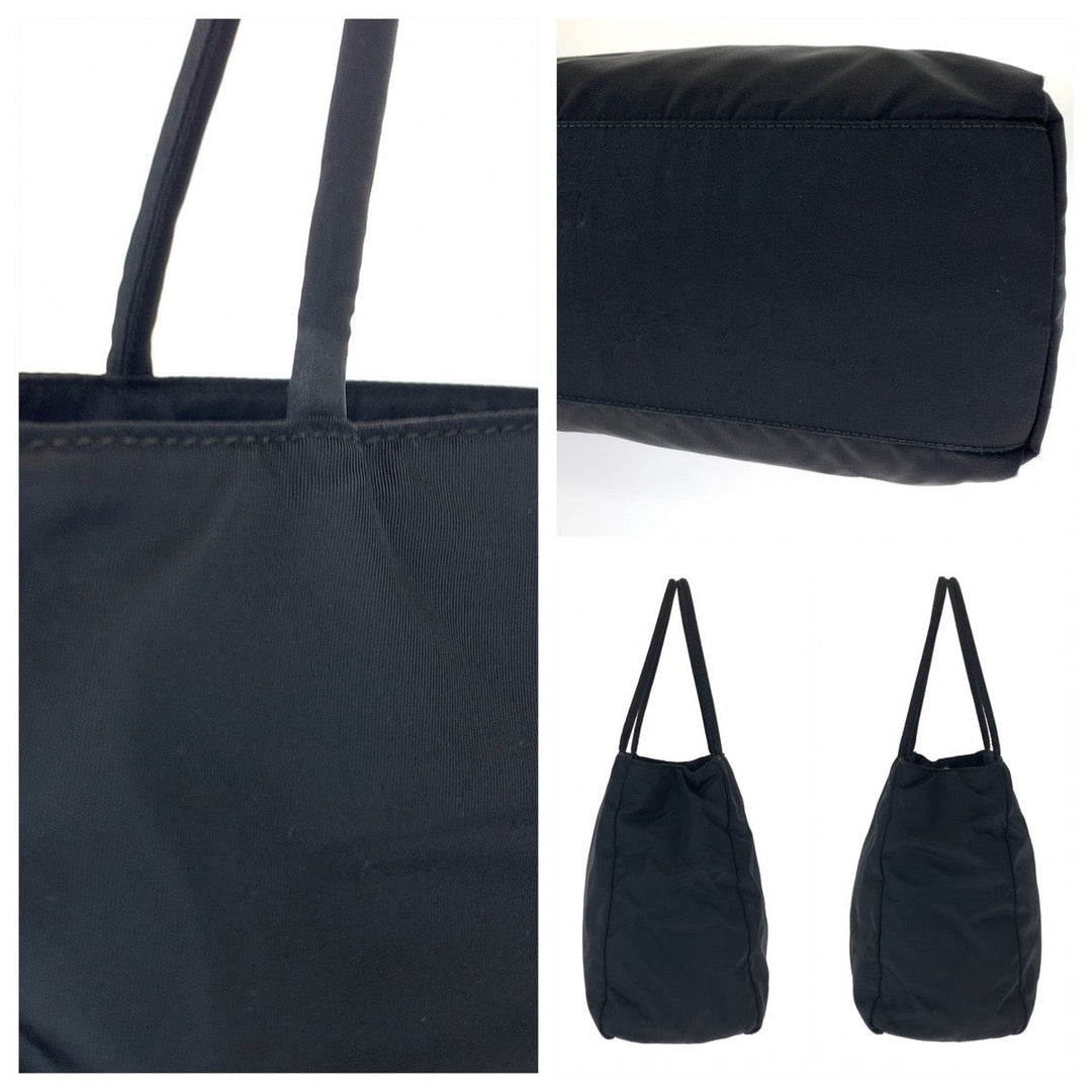 PRADA Tote Bag Nylon Black SilverMetal Tote Bag Shoulder Bag Test Triangle With logo Women Used Authentic