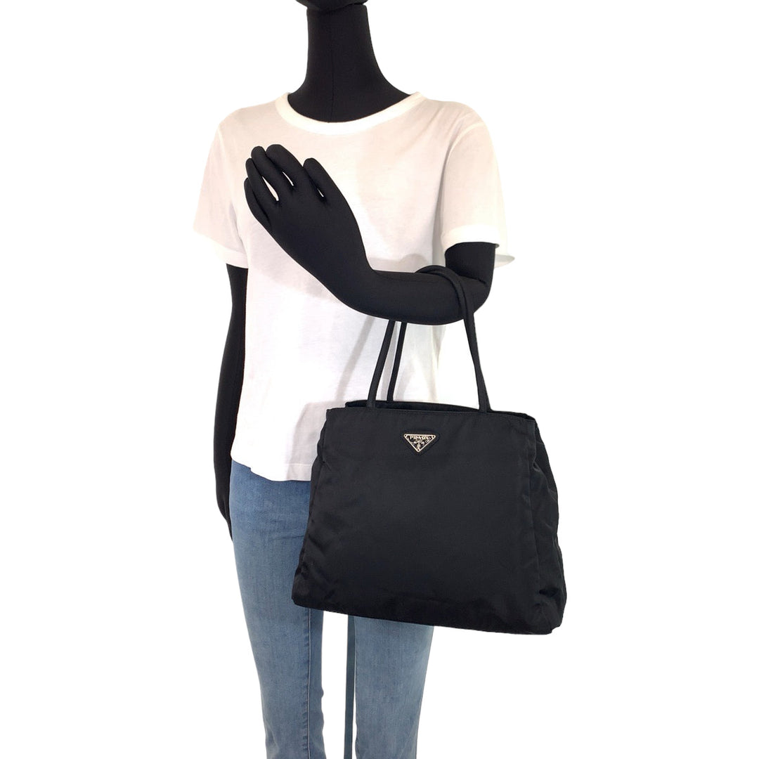 PRADA Tote Bag Nylon Black SilverMetal Tote Bag Shoulder Bag Test Triangle With logo Women Used Authentic