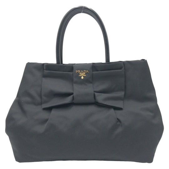 PRADA Tote Bag Nylon Black GoldMetal Tote Bag handbag Test Triangle Logo Ribbon Women Used Authentic