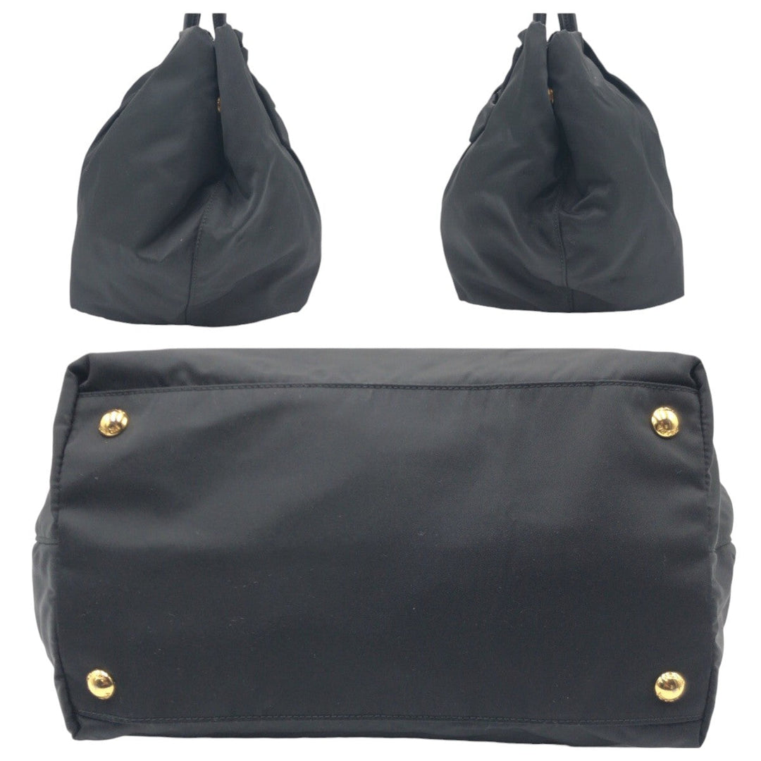 PRADA Tote Bag Nylon Black GoldMetal Tote Bag handbag Test Triangle Logo Ribbon Women Used Authentic