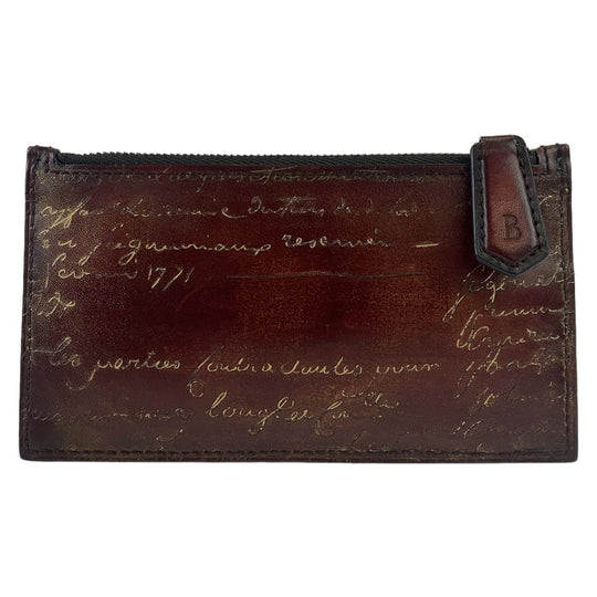 Berluti Card Case leather Brown Silver Metal Fragment case Coin case Card Case Core maxi Calligraphy script mens Used Authentic