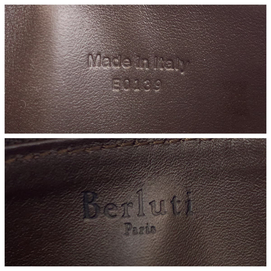 Berluti Card Case leather Brown Silver Metal Fragment case Coin case Card Case Core maxi Calligraphy script mens Used Authentic