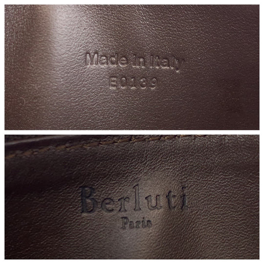 Berluti Card Case leather Brown Silver Metal Fragment case Coin case Card Case Core maxi Calligraphy script mens Used Authentic