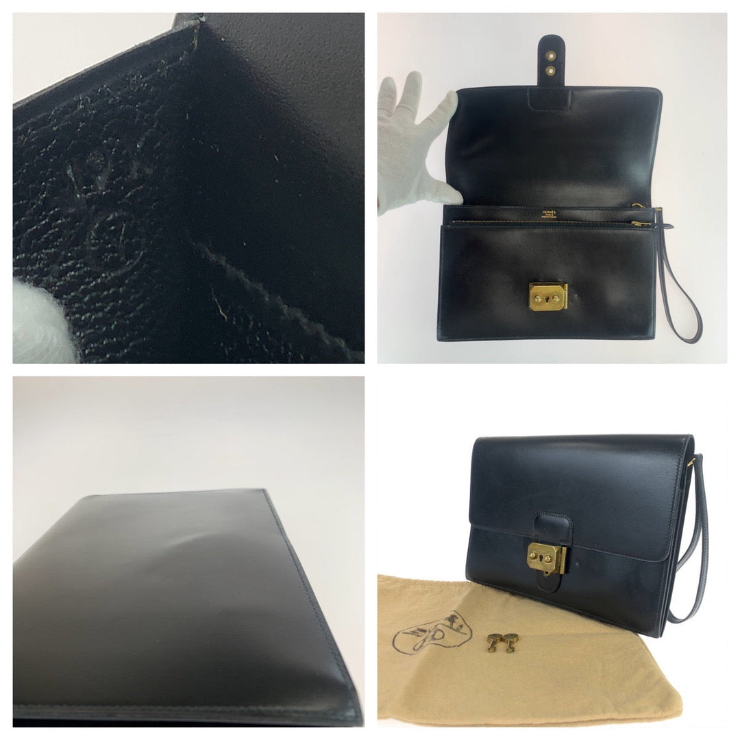 HERMES Clutch bag Box scarf Black GoldMetal Clutch bag business bag Pochette jet mens Used Authentic