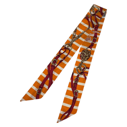 HERMES scarf silk Orange Pink Multicolor scarf ribbon Twilly BRIDES de GALA Women Used Authentic