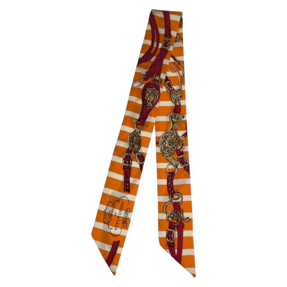 HERMES scarf silk Orange Pink Multicolor scarf ribbon Twilly BRIDES de GALA Women Used Authentic