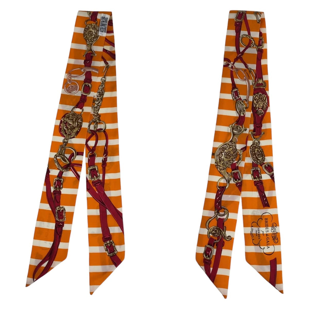 HERMES scarf silk Orange Pink Multicolor scarf ribbon Twilly BRIDES de GALA Women Used Authentic