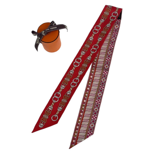 HERMES scarf silk Red Pink Multicolor scarf ribbon Twilly HARNAIS EN ROSACE Women Used Authentic