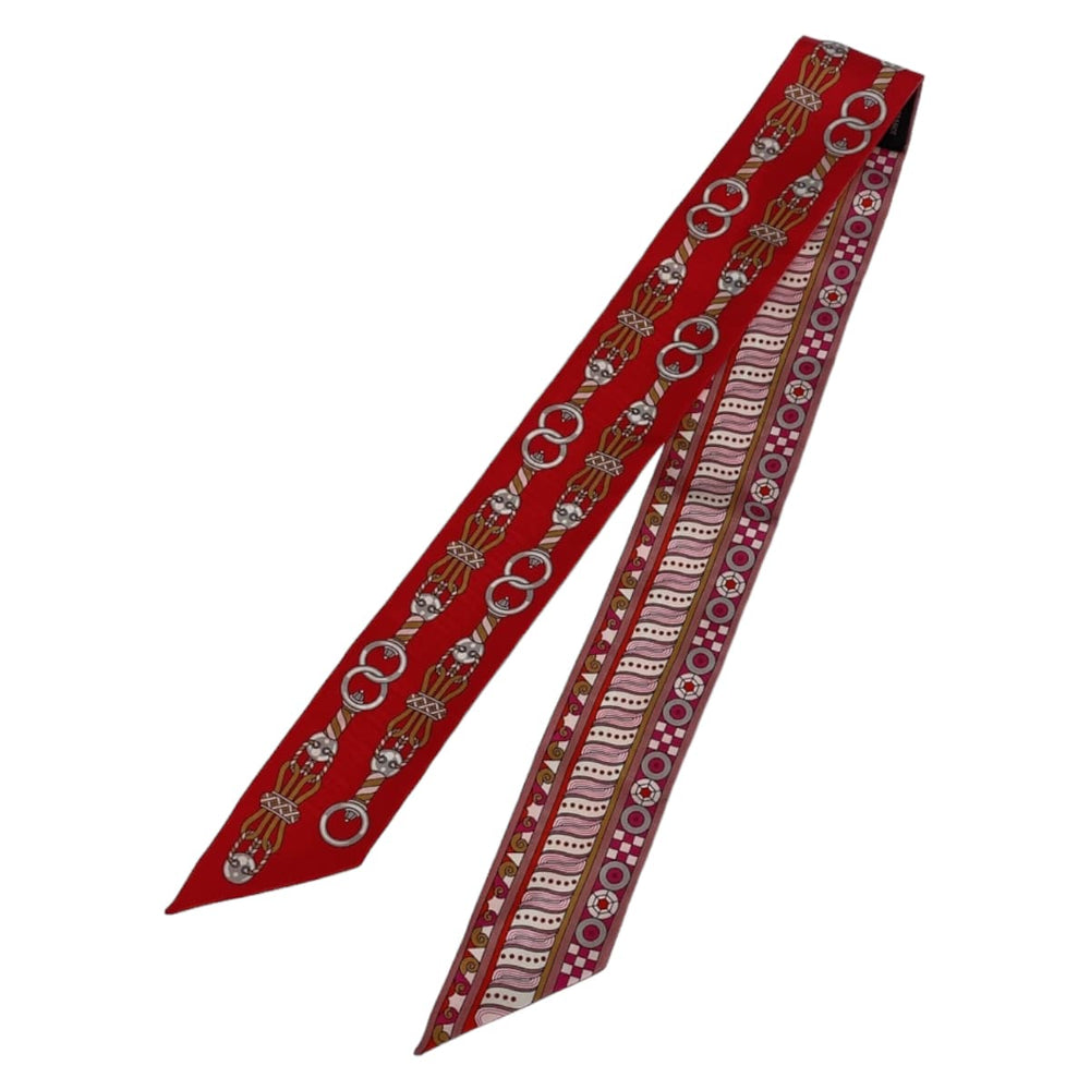 HERMES scarf silk Red Pink Multicolor scarf ribbon Twilly HARNAIS EN ROSACE Women Used Authentic