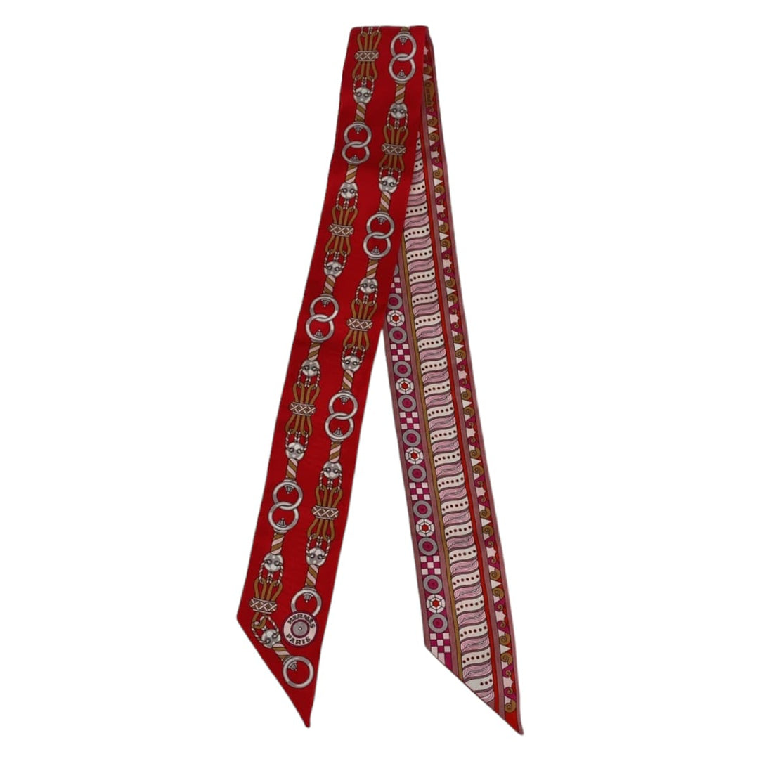 HERMES scarf silk Red Pink Multicolor scarf ribbon Twilly HARNAIS EN ROSACE Women Used Authentic