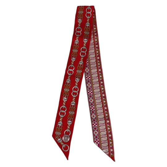 HERMES scarf silk Red Pink Multicolor scarf ribbon Twilly HARNAIS EN ROSACE Women Used Authentic