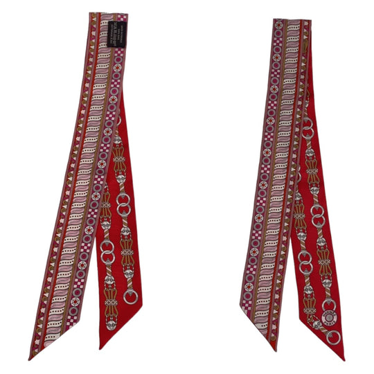 HERMES scarf silk Red Pink Multicolor scarf ribbon Twilly HARNAIS EN ROSACE Women Used Authentic