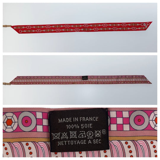 HERMES scarf silk Red Pink Multicolor scarf ribbon Twilly HARNAIS EN ROSACE Women Used Authentic