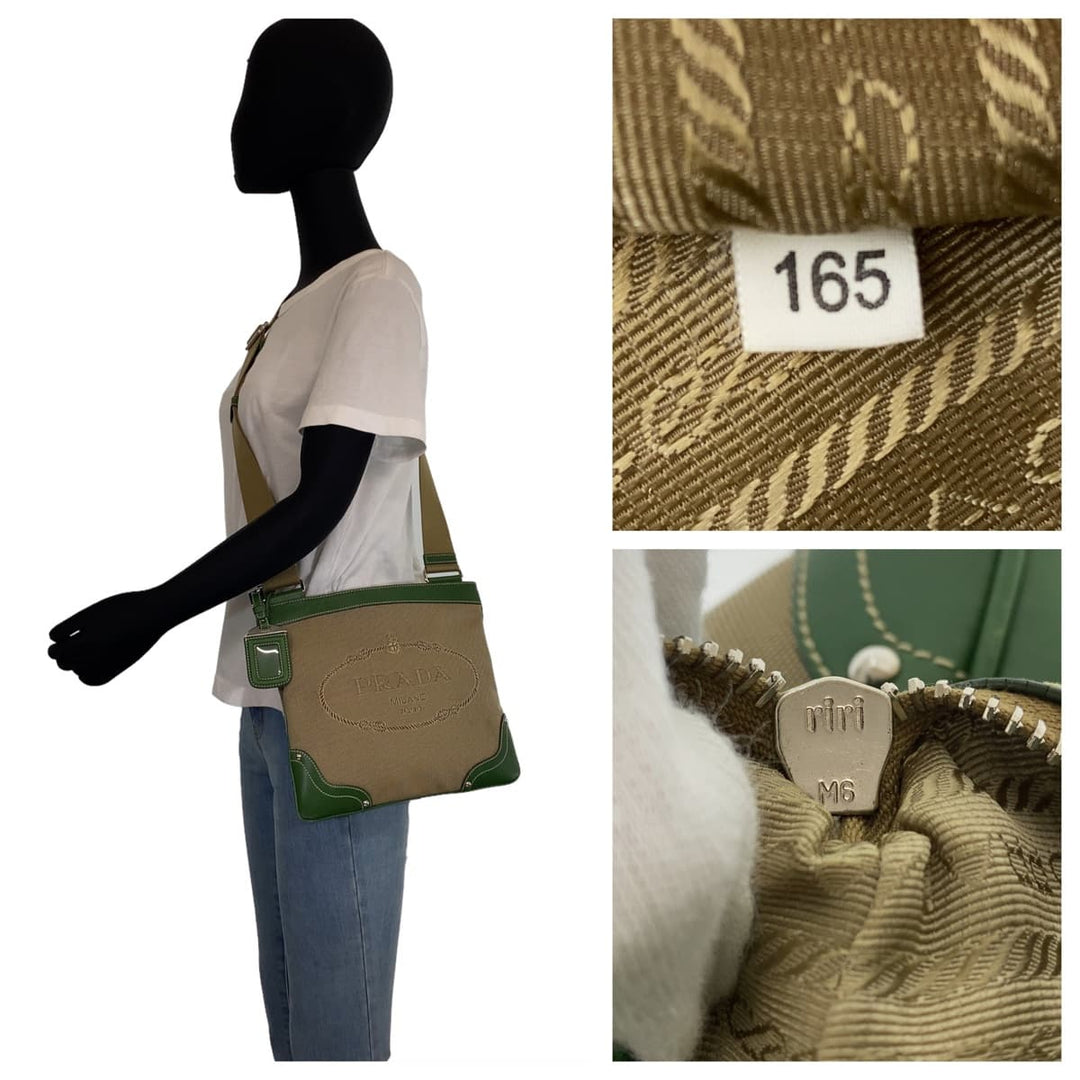 PRADA Shoulder Bag Canvas, Leather Beige Green SilverMetal Crossbody Shoulder Bag Messenger Bag Logo jacquard mens Used Authentic