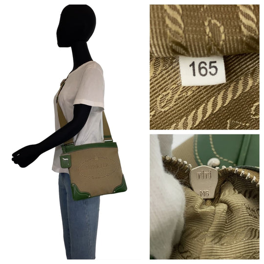 PRADA Shoulder Bag Canvas, Leather Beige Green SilverMetal Crossbody Shoulder Bag Messenger Bag Logo jacquard mens Used Authentic