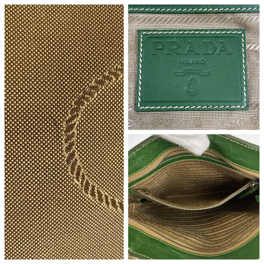 PRADA Shoulder Bag Canvas, Leather Beige Green SilverMetal Crossbody Shoulder Bag Messenger Bag Logo jacquard mens Used Authentic