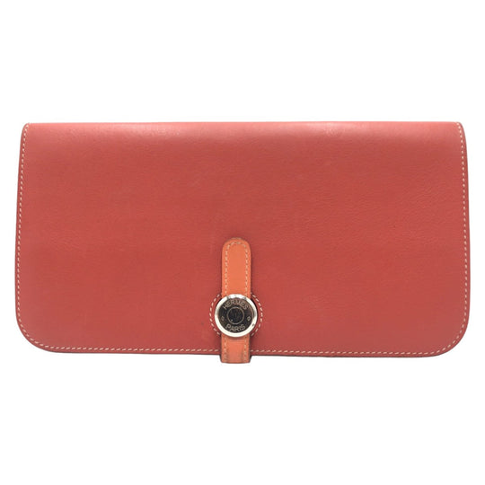 HERMES Long Wallet Purse leather Red sanguine crevette Long Wallet Purse Dogon Long Women Used Authentic