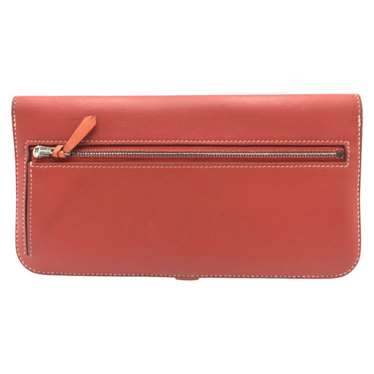HERMES Long Wallet Purse leather Red sanguine crevette Long Wallet Purse Dogon Long Women Used Authentic