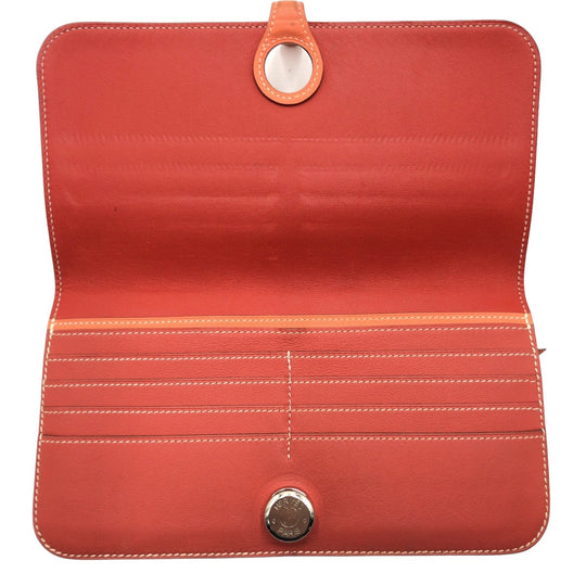 HERMES Long Wallet Purse leather Red sanguine crevette Long Wallet Purse Dogon Long Women Used Authentic