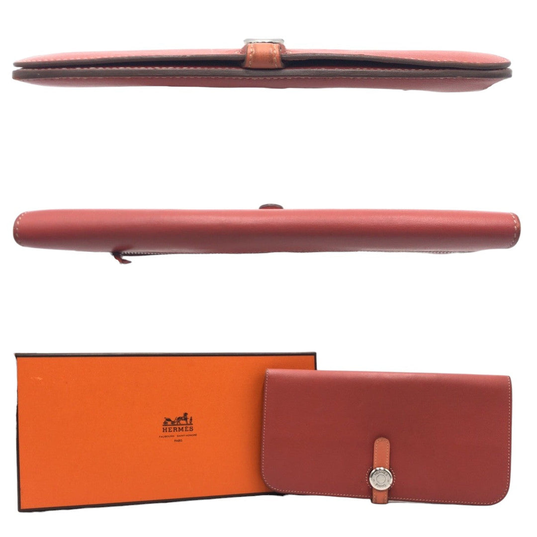 HERMES Long Wallet Purse leather Red sanguine crevette Long Wallet Purse Dogon Long Women Used Authentic