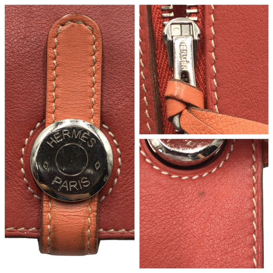 HERMES Long Wallet Purse leather Red sanguine crevette Long Wallet Purse Dogon Long Women Used Authentic