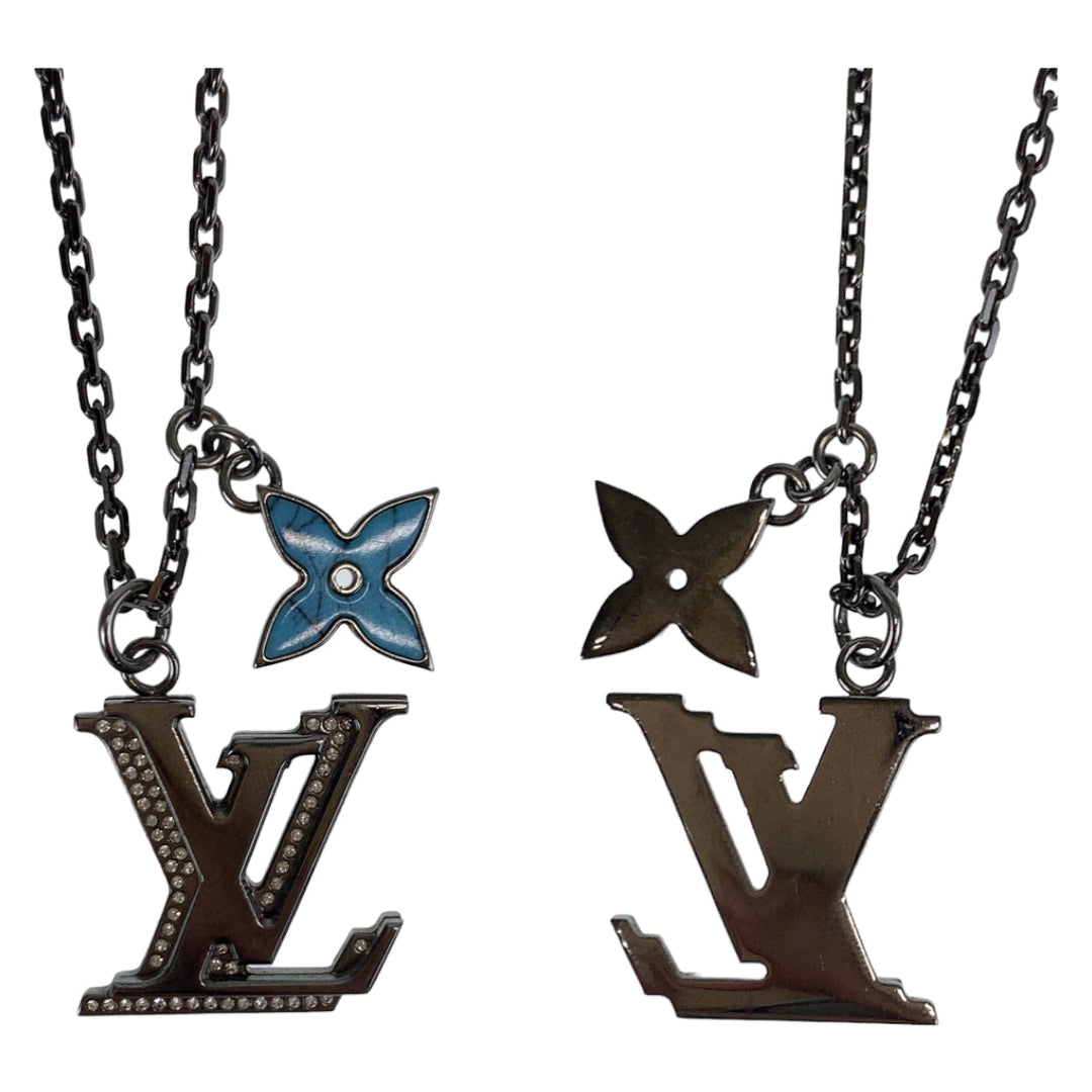 LOUIS VUITTON Necklace M80208 Metal, Rhinestone Turquoise Blue SilverMetal Necklace Pendant LV initials Women Used Authentic