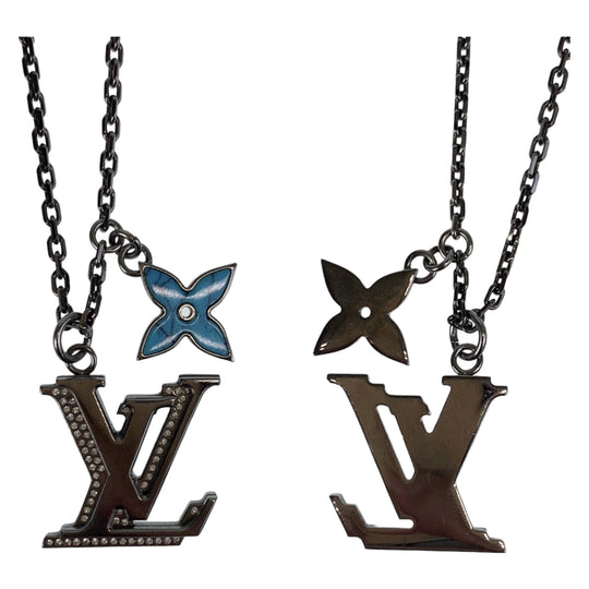 LOUIS VUITTON Necklace M80208 Metal, Rhinestone Turquoise Blue SilverMetal Necklace Pendant LV initials Women Used Authentic