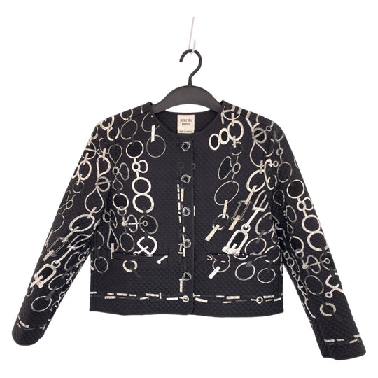 HERMES tailored jacket H3H0202D4B1 silk Black White SilverMetal Quilted jacket, no collar 23AW Chene DunklePattern Women 40 Used Authentic