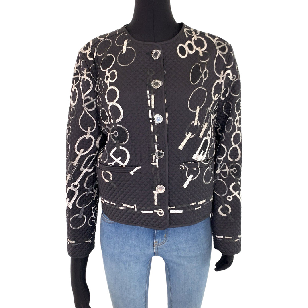 HERMES tailored jacket H3H0202D4B1 silk Black White SilverMetal Quilted jacket, no collar 23AW Chene DunklePattern Women 40 Used Authentic
