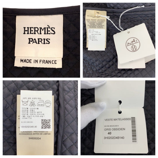 HERMES tailored jacket H3H0202D4B1 silk Black White SilverMetal Quilted jacket, no collar 23AW Chene DunklePattern Women 40 Used Authentic