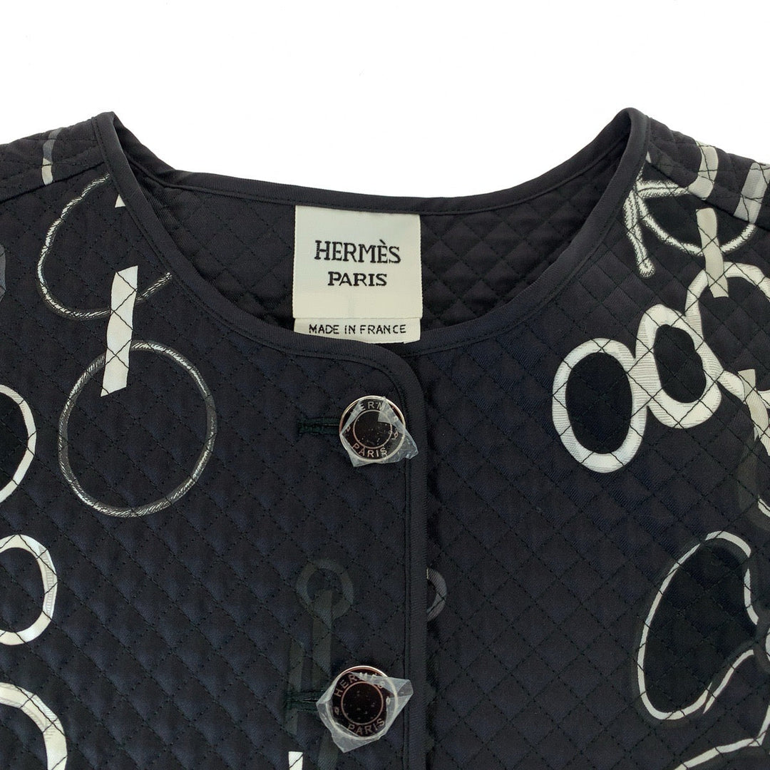 HERMES tailored jacket H3H0202D4B1 silk Black White SilverMetal Quilted jacket, no collar 23AW Chene DunklePattern Women 40 Used Authentic