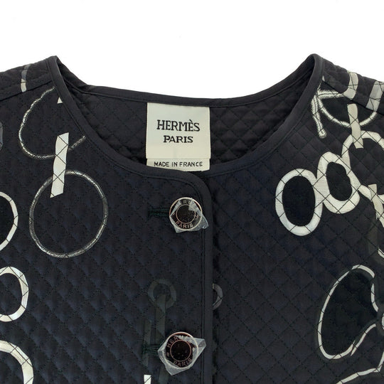 HERMES tailored jacket H3H0202D4B1 silk Black White SilverMetal Quilted jacket, no collar 23AW Chene DunklePattern Women 40 Used Authentic