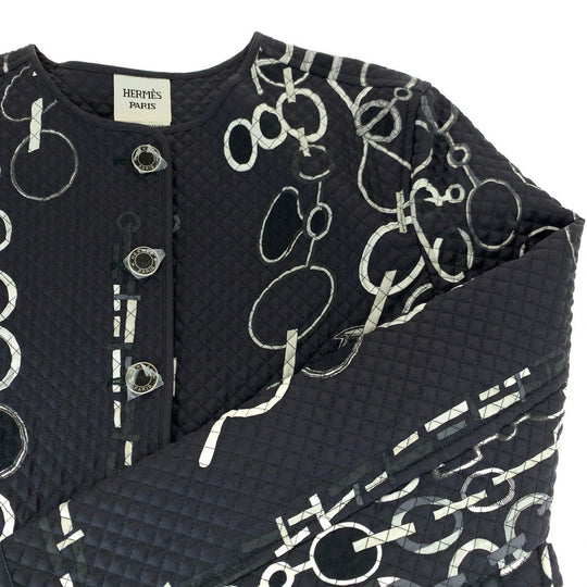HERMES tailored jacket H3H0202D4B1 silk Black White SilverMetal Quilted jacket, no collar 23AW Chene DunklePattern Women 40 Used Authentic
