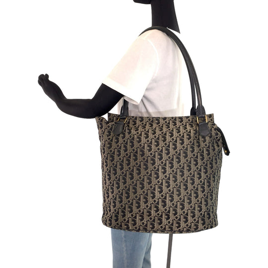 Christian Dior Tote Bag canvas Gray Beige Gold Metal Tote Bag Shoulder Bag Handbag Trotter Women Used Authentic
