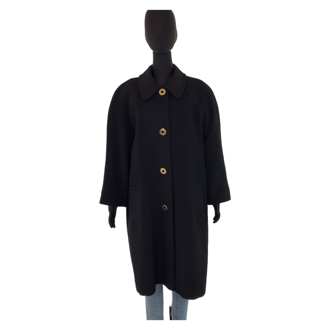 LEONARD Stainless collar coat cashmere Black GoldMetal Balmacaan Coat Long Coat Floral Pattern Women 11A Used Authentic