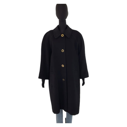 LEONARD Stainless collar coat cashmere Black GoldMetal Balmacaan Coat Long Coat Floral Pattern Women 11A Used Authentic