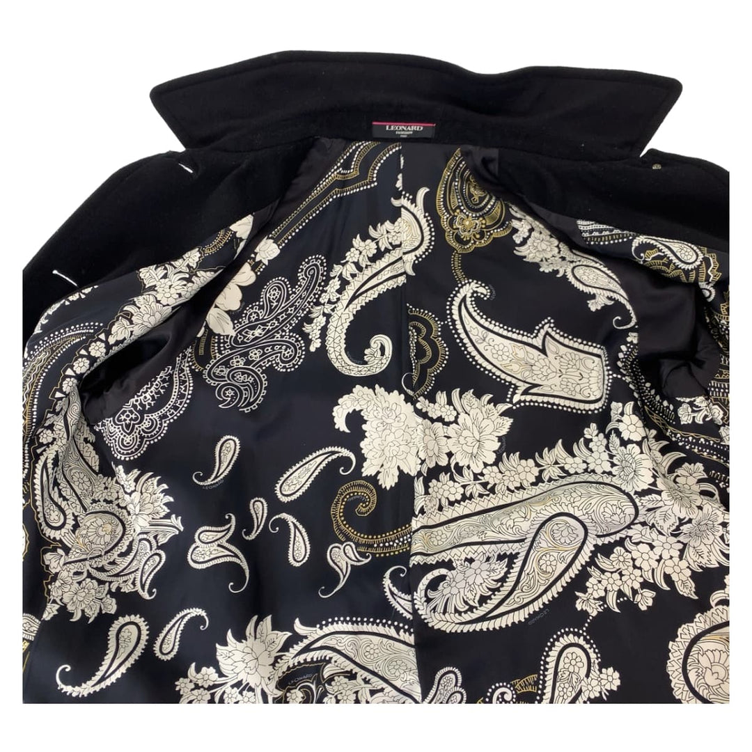 LEONARD Stainless collar coat cashmere Black GoldMetal Balmacaan Coat Long Coat Floral Pattern Women 11A Used Authentic