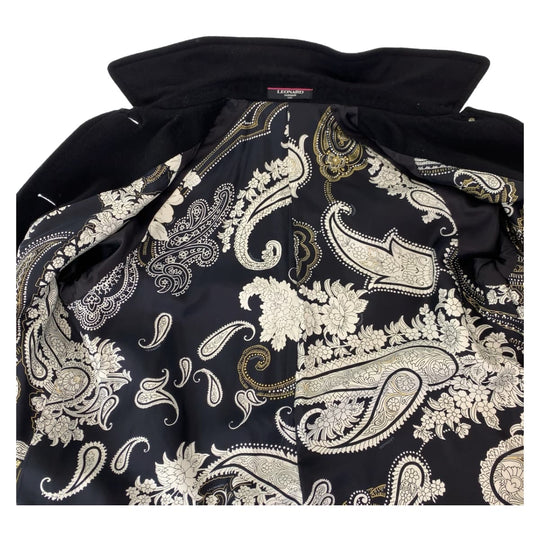 LEONARD Stainless collar coat cashmere Black GoldMetal Balmacaan Coat Long Coat Floral Pattern Women 11A Used Authentic