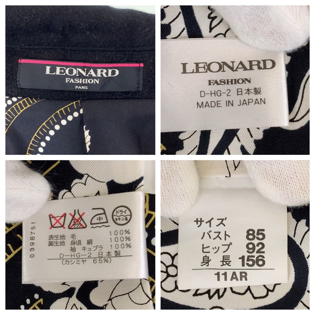 LEONARD Stainless collar coat cashmere Black GoldMetal Balmacaan Coat Long Coat Floral Pattern Women 11A Used Authentic