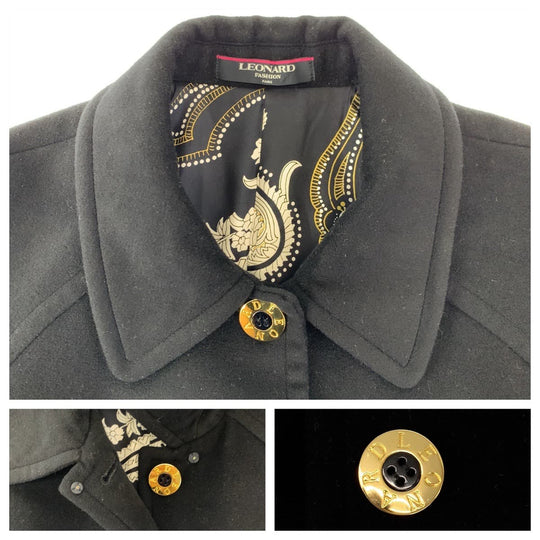 LEONARD Stainless collar coat cashmere Black GoldMetal Balmacaan Coat Long Coat Floral Pattern Women 11A Used Authentic