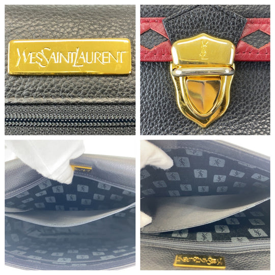 Yves Saint Laurent Shoulder Bag leather Black Gold Metal Crossbody Shoulder Bag Pochette YSL Diamond cut Women Used Authentic