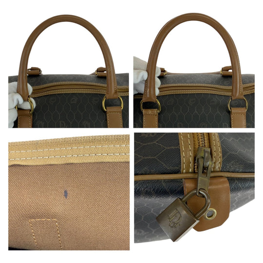 Dior Boston Duffel bag leather Black Brown Gold Metal Boston Duffel bag Travel bag Honeycomb Pattern Women Used Authentic