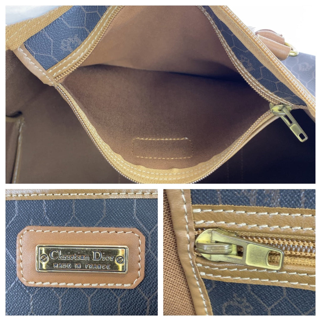 Dior Boston Duffel bag leather Black Brown Gold Metal Boston Duffel bag Travel bag Honeycomb Pattern Women Used Authentic