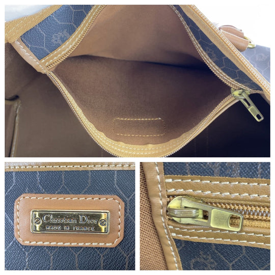Dior Boston Duffel bag leather Black Brown Gold Metal Boston Duffel bag Travel bag Honeycomb Pattern Women Used Authentic