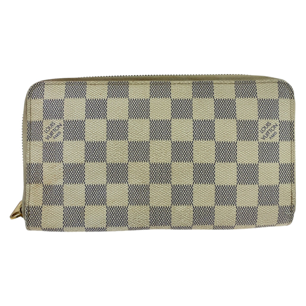 LOUIS VUITTON Long Wallet Purse N60012 PVC White Gray Gold Metal Long Wallet Purse Zip Around Zippy Wallet Damier Azur Zippy Organizer Women Used Authentic