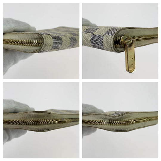 LOUIS VUITTON Long Wallet Purse N60012 PVC White Gray Gold Metal Long Wallet Purse Zip Around Zippy Wallet Damier Azur Zippy Organizer Women Used Authentic