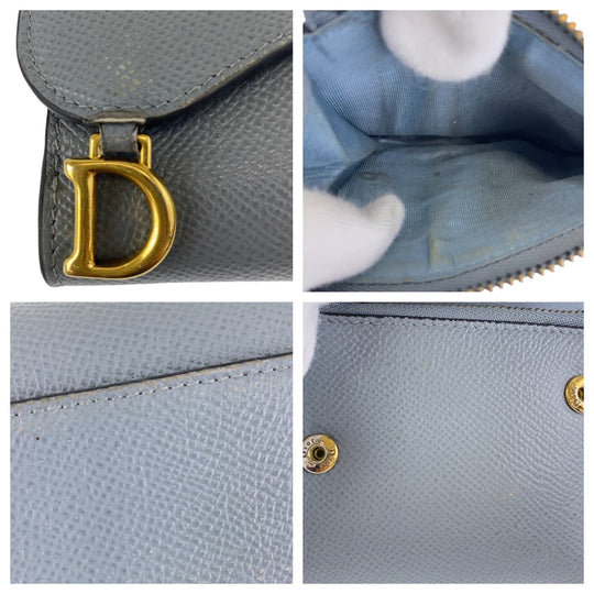 Dior Tri-fold wallet leather Navy Gold Metal Folding wallet Compact wallet saddle Women Used Authentic