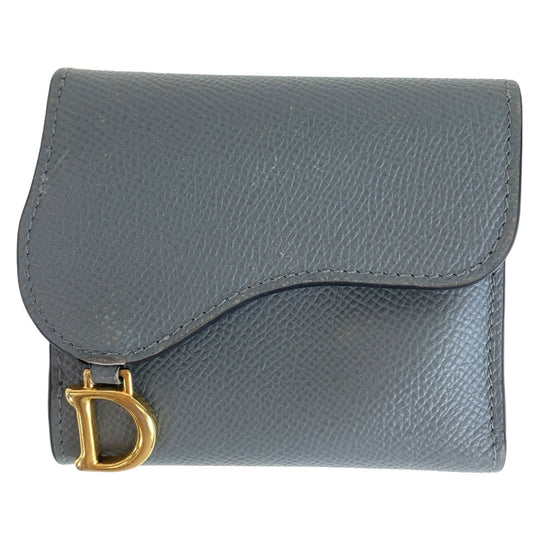 Dior Tri-fold wallet leather Navy Gold Metal Folding wallet Compact wallet saddle Women Used Authentic